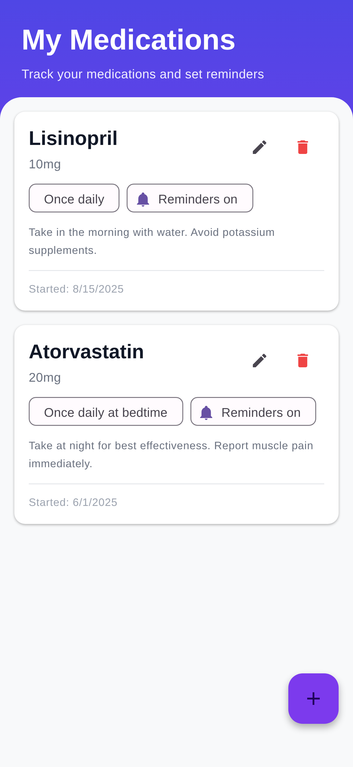 PocDoc Medications screen showing active prescriptions like Lisinopril and Atorvastatin with dosage details